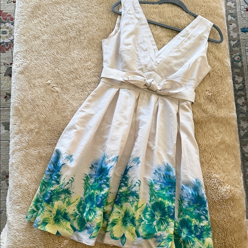 Elegant Floral V-Neck Dress in Cream and Blue